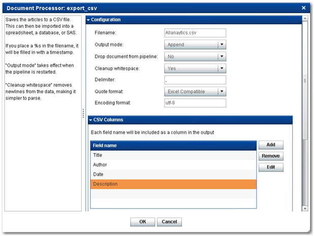 Display 2.18: export_csv Document Processor Configuration Window