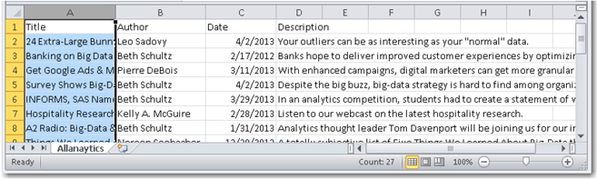 Display 2.19: CSV file Created by the export_csv Document Processor