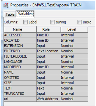 Display 3.16: Variables in the Output Data Set from the Text Import Node