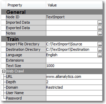 Display 3.18: Text Import Node Web Crawling Property Settings