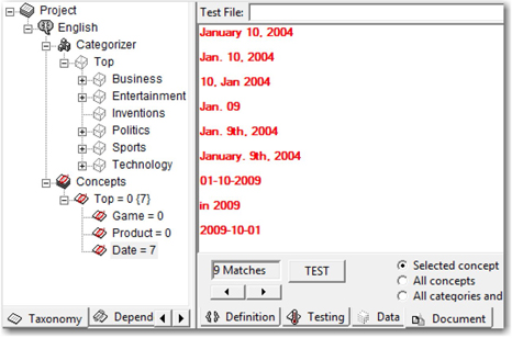 Display 7.21: Example Showing Test Results of Concepts Written Using Regular Expressions