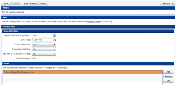 Display C7.1: Settings for File Crawler in SAS® Information Retrieval Studio