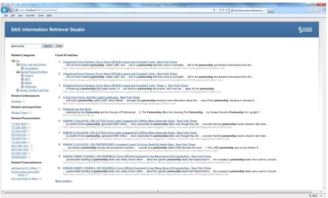 Display C7.10: SAS Query interface showing the search results of indexed Enron emails