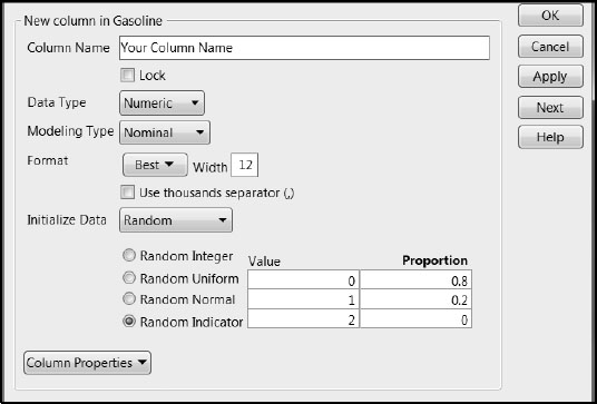 Figure 6.2: New Column Window for Defining Training and Test Sets