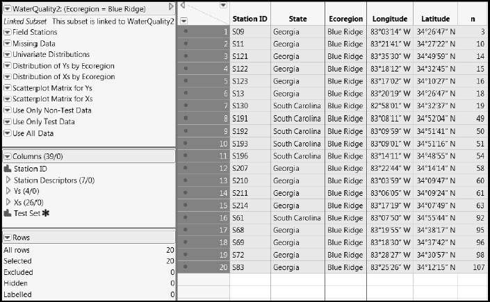 Figure 7.30: Linked Subset Table Containing the Blue Ridge Data (Partial View)