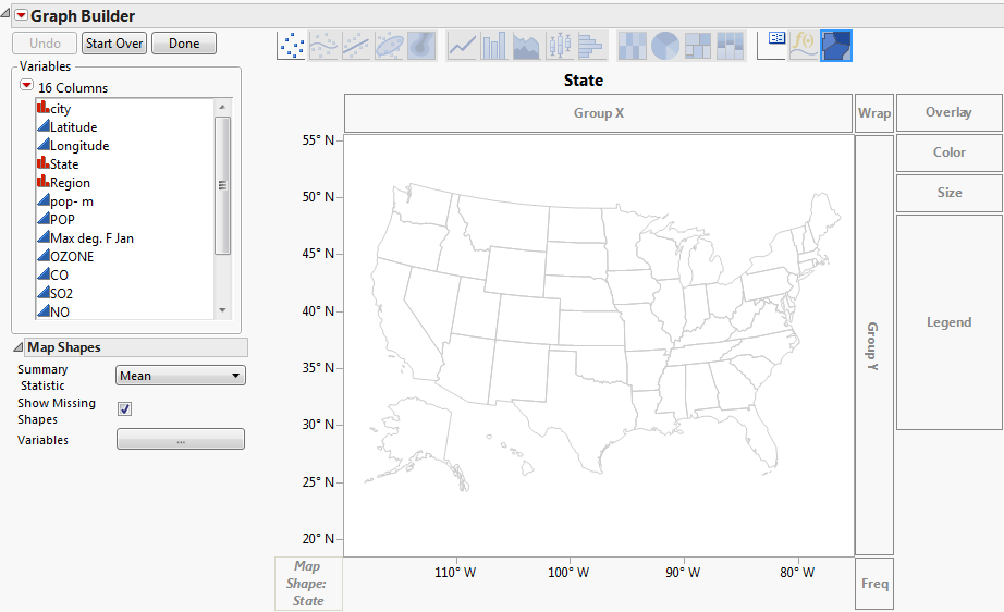 Example of Cities.jmp after Dragging State to Map Shape