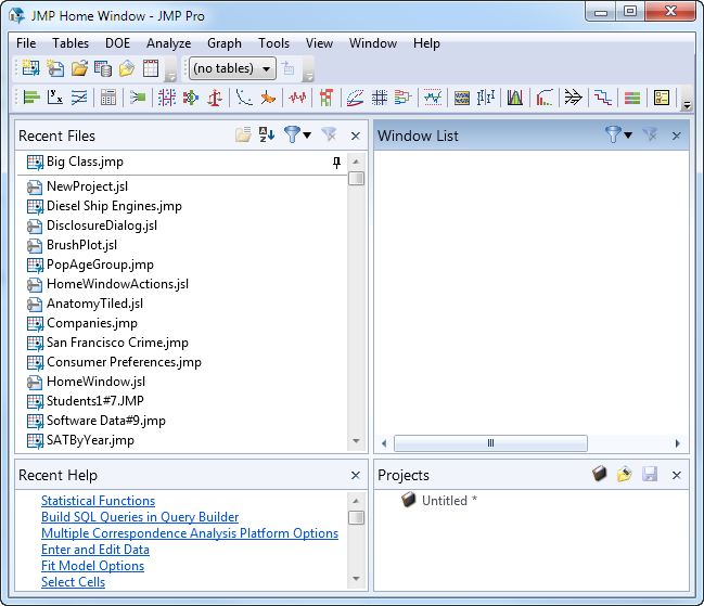 JMP Home Window with Projects Pane