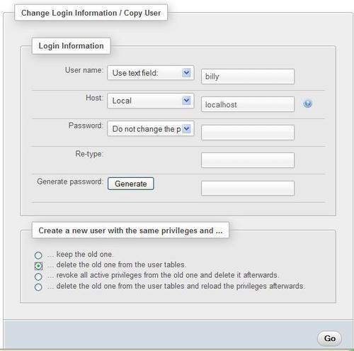 Changing login information or copying a user