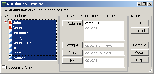 Figure 2.9  The JMP Distribution Dialog Box