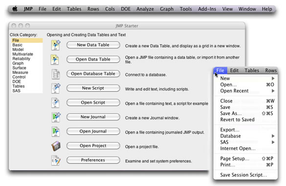 Figure 2.1:  The JMP Starter Window, Main Menu Bar, and File Menu