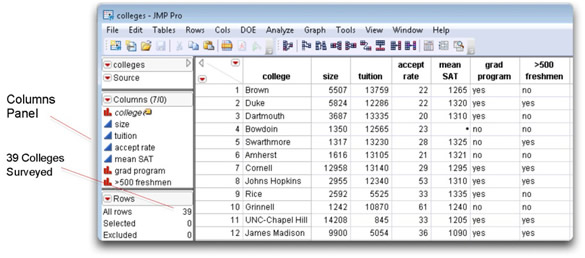 Figure 2.3: Partial Listing of the Colleges Data Table