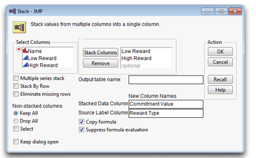 Figure 7.9: Stack Dialog to Stack Commitment Scores into a Single Column