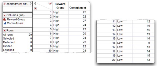 Figure 7.2: Listing of the Commitment Difference JMP Data Table