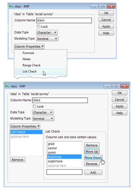 Figure 4.6: Column Info Dialog and Using List Check Dialog