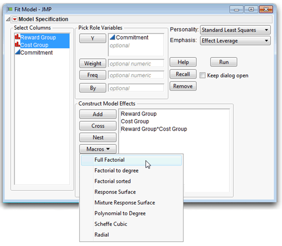 Figure 9.8: Fit Model Dialog Completed for Factorial Analysis