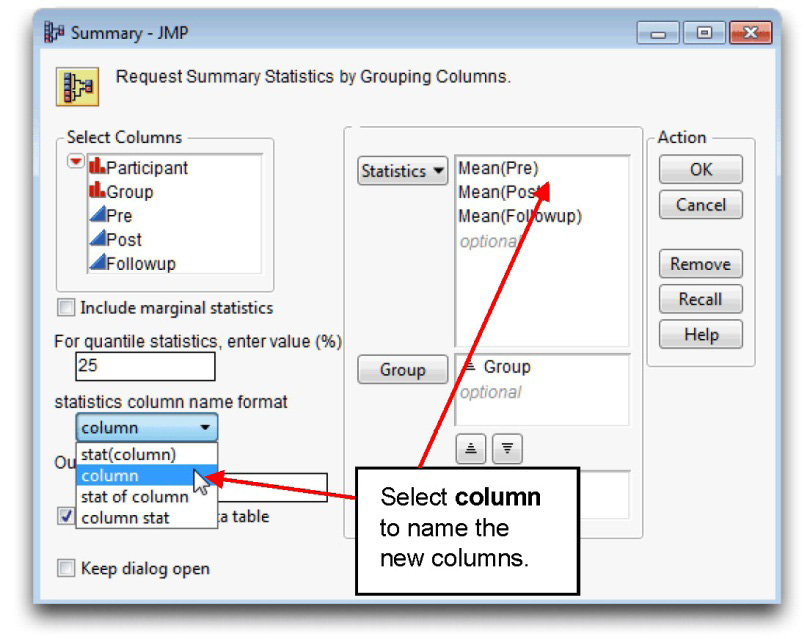 Figure 12_12 Completed Summary Dialog and Resulting JMP Table