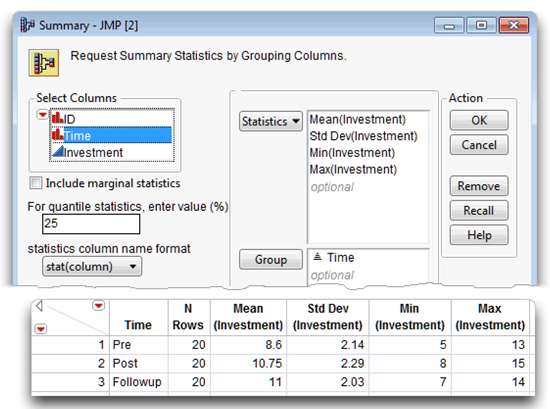 Figure 11.5: Summary Dialog and Table of Summary Statistics