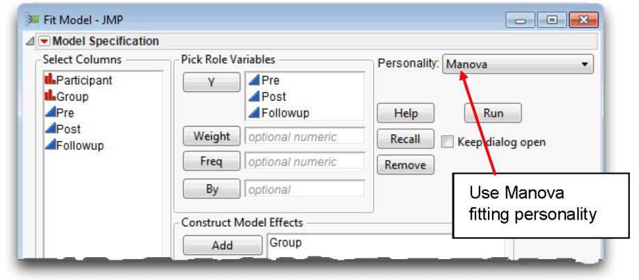 Figure 12_15 Fit Model Dialog for Repeated Measures Analysis