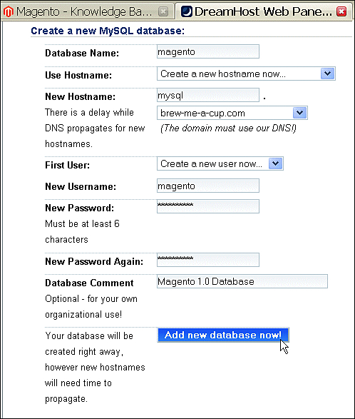 Using DreamHost to create a database and a database user