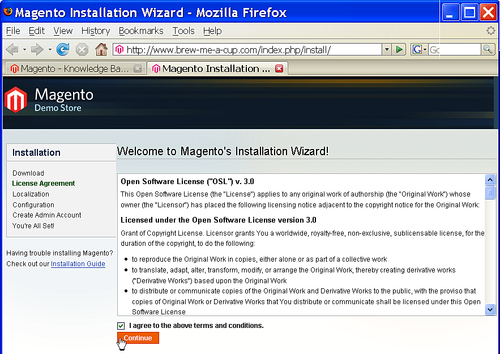 Time for action: Pointing your browser to the Magento directory and stepping through the installation wizard