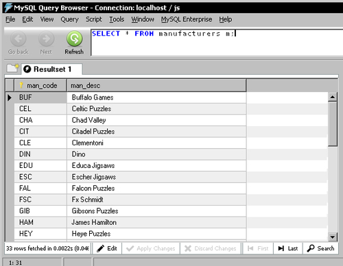 Time for action—loading a table with a list of manufacturers