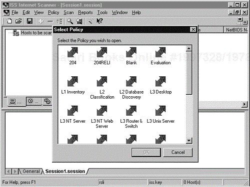 Internet Scanner Select Policy screen