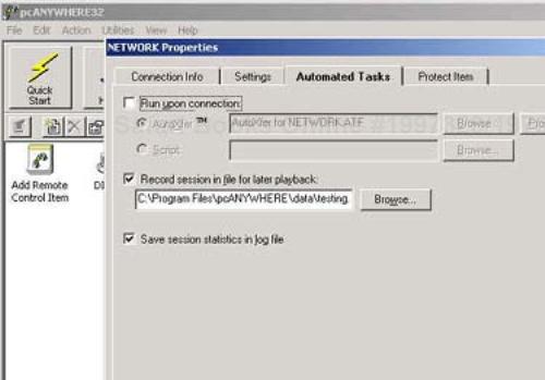 pcAnywhere Automated Tasks screen