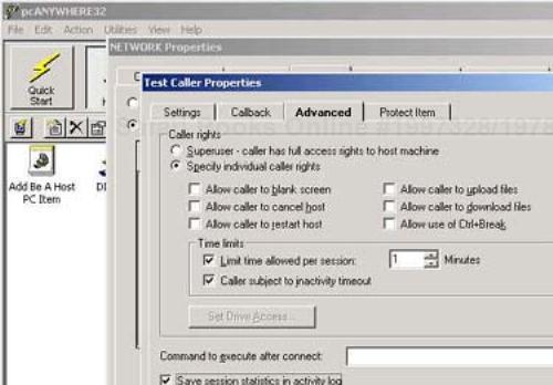 pcAnywhere Advanced properties screen