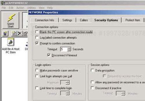 pcAnywhere Security Options screen