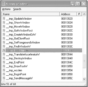 Names window in IDA, listing the CE functions used