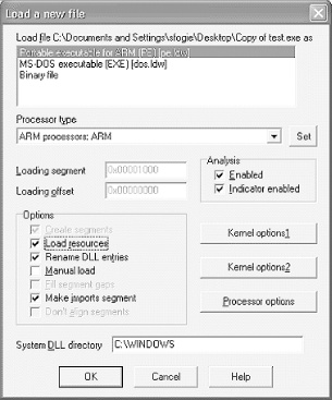 IDA Pro startup configuration for test.exe