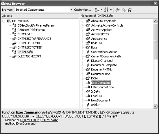 Object Browser, shown here with the DHTML Edit Control loaded