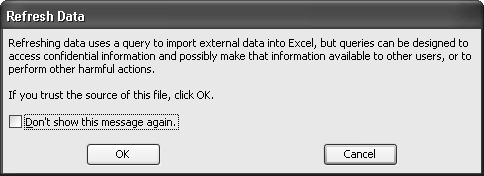 Microsoft Excel warns about requests for external data.