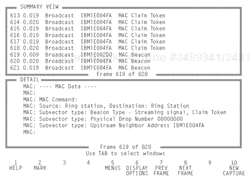 An analyzer data trace showing a MAC beacon event affecting the Token Ring network main ring path.