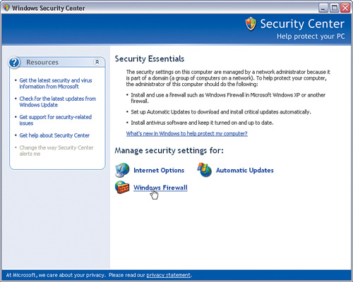 Windows XP Security Center