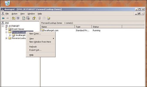 Creating a new zone in Windows 2003 Server DNS snap-in