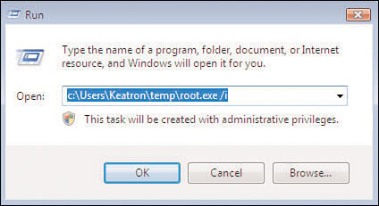 AFXRootkit 2005 root.exe being launched with the /i option