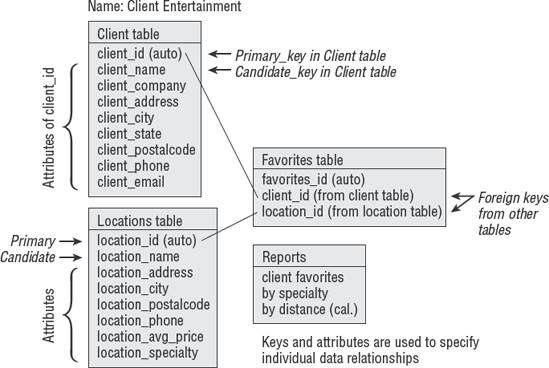 Example database showing data relationships