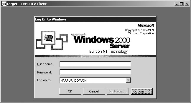 A Windows 2000 Server logon prompt through Citrix ICA