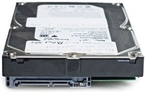 The onboard SATA connectors on a 3.5-inch drive. The smaller connector is for data and the larger one is for power. This is actually the SATA II connector, which is the only SATA you should be considering.
