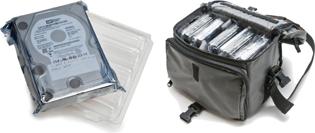Different ways that hard drives can be stored. My offsite drives live in this camera bag.