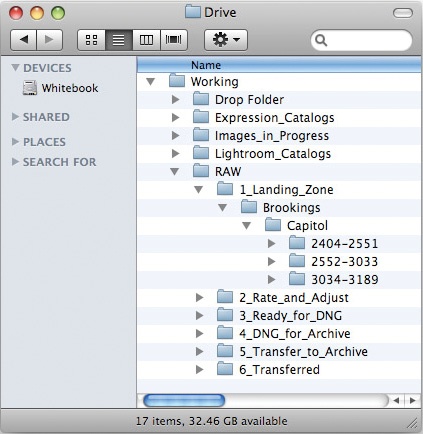 The contents of my Working folder, with the RAW pipeline showing. In side the 1_Landing_Zone folder, I created a client folder, and then a project folder inside that. The number range subfolders help me check that all cards from a shoot have been downloaded, even long after the fact.