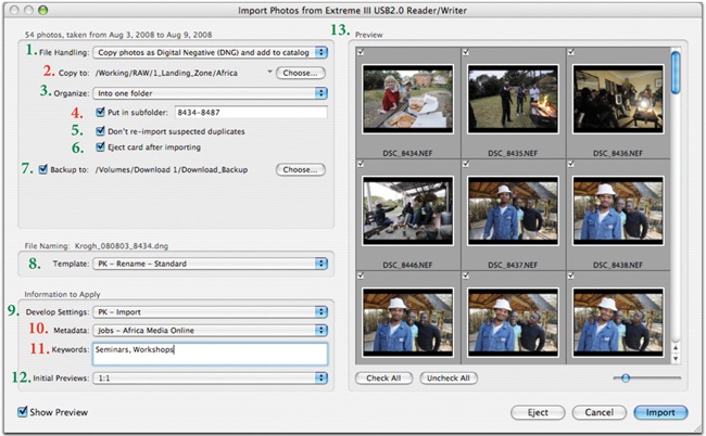 The Lightroom Import dialog box with the previews showing. Each option numbered in red is likely to need changing on a frequent basis, while the green-numbered options are more likely to remain unchanged from download to download.