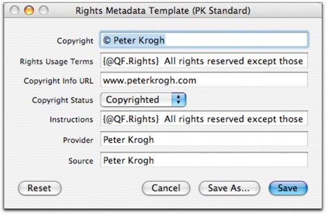 The Rights template. Notice the instructions to make a quick field, which is noted by the syntax {@QF.}.