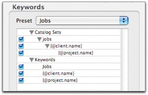 The Keywords panel holds both keywords and Expression Media catalog sets. These can be a mix of macros and regular terms.