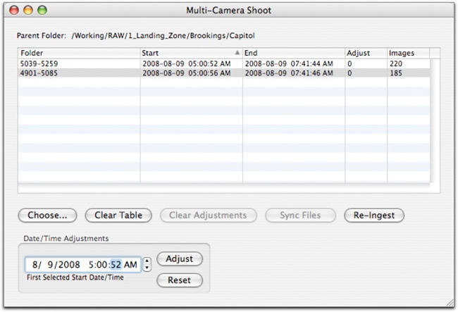 The Multi-Camera Shoot dialog box in ImageIngesterPro. You can sequence the images chronologically and then rename them in that order. It even lets you adjust for clocks that may not be exactly synchronized between cameras.