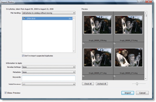 The preview generation in the Import Photos dialog. Set it to minimal if you want to get to work right away, or to 1:1 if you want to let the computer make the files really ready for you.