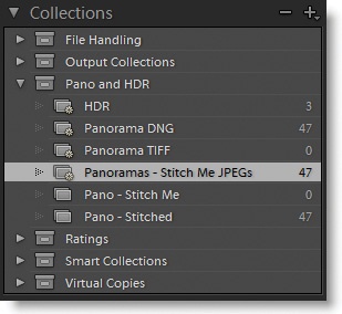 Once the JPEGs are made, they are reimported to the catalog automatically and show up in the smart collection Panoramas – Stitch Me JPEGs.
