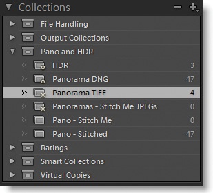The stitched files are automatically reimported back into Lightroom, and end up in the Panorama TIFF smart collection.